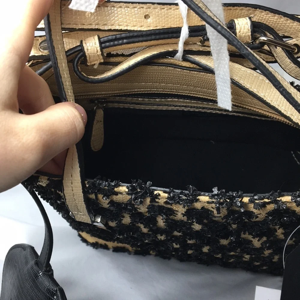 Christian Siriano Sabrina Woven Raffia Bag Tan and Black NEW with Tags